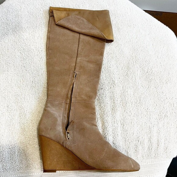 Zara Beige Suede Leather Wedge Tall Boot Women's 40 Heeled Fold Over Zipped - Picture 2 of 10